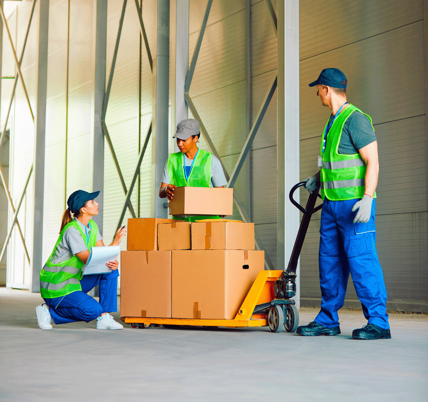 Drie personen met veiligheidshesjes in een magazijn kijken naar een palletwagen met dozen